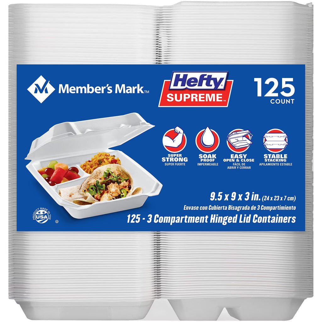 3-Compartment Foam Hinged Lid Container (125 ct.) C7154
