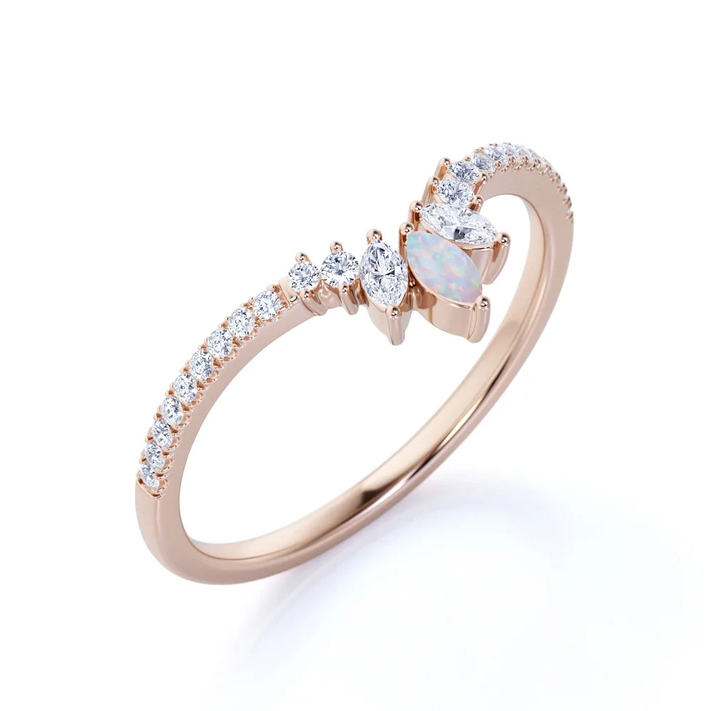 Vintage Marquise Fire Opal and Moissanite Stackable Wedding Band in 18K Rose Gold over Silver U2713