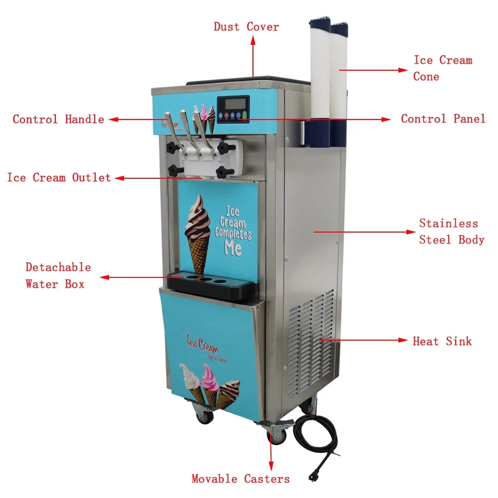 Soft Ice Cream Machine Commercial 3 Flavors 20-30L/H 1400W G9928