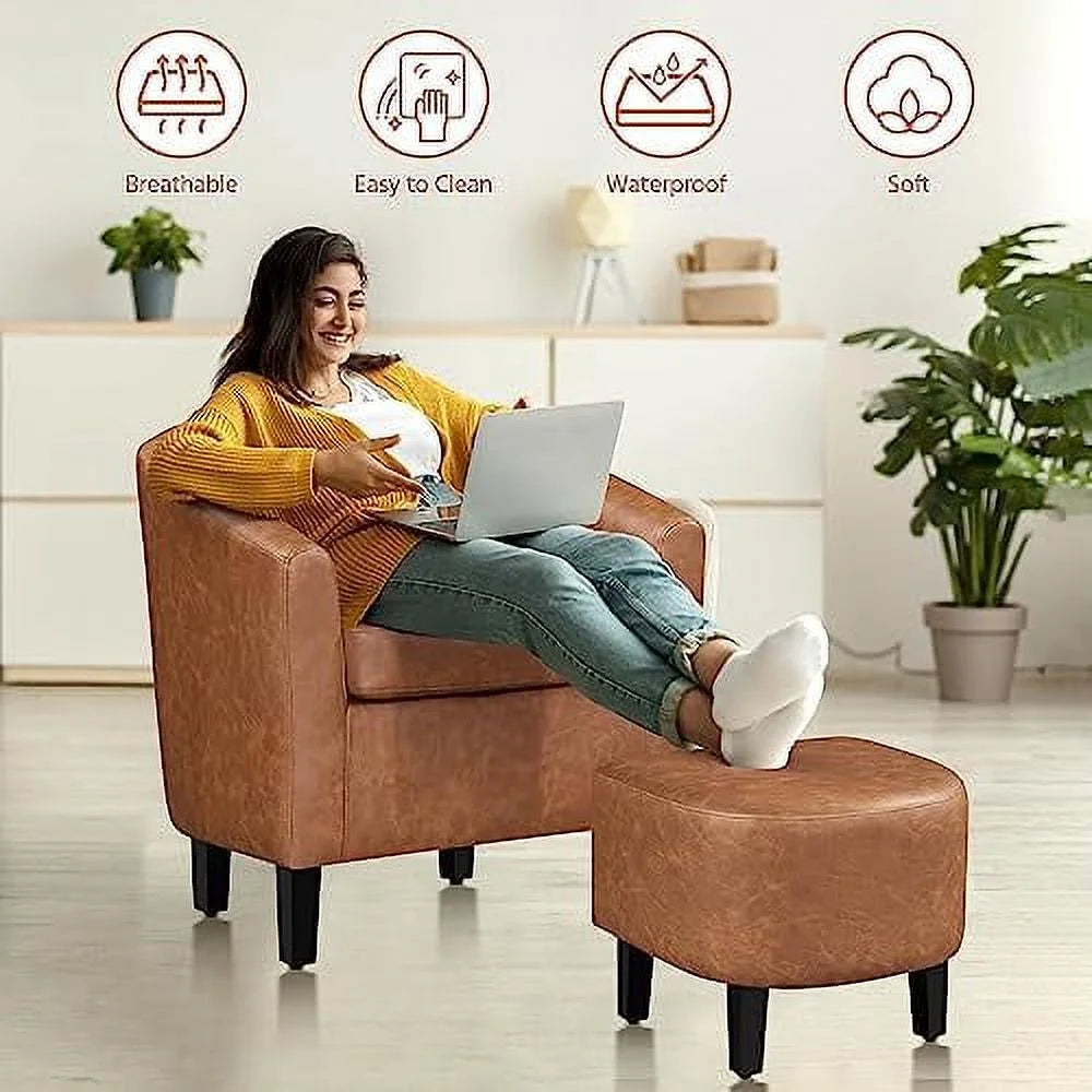Faux Leather Barrel Accent Chair with Ottoman Set J54981