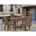 5Pc Rectangle Dining Table and Four Parson Chair with Mahogany Leg and Linen Fabric Dark Coffee R32123