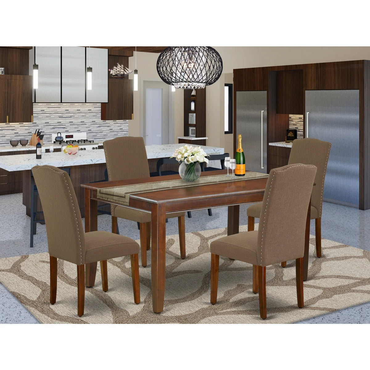 5Pc Rectangle Dining Table and Four Parson Chair with Mahogany Leg and Linen Fabric Dark Coffee R32123