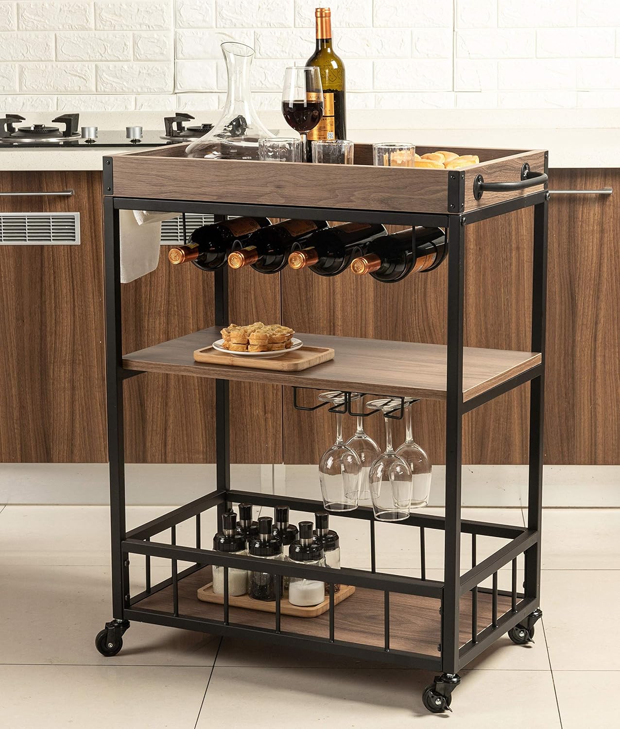 Rustic Mobile Kitchen Serving Cart Wood Metal Serving Trolley M284