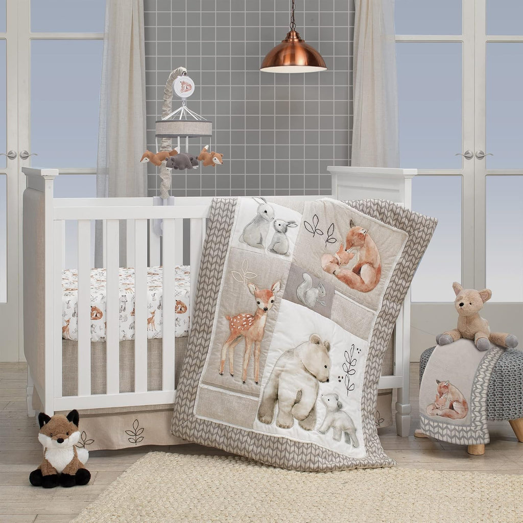 Painted Forest Gray/Beige Fox and Bear Baby Crib Musical Mobile L470180