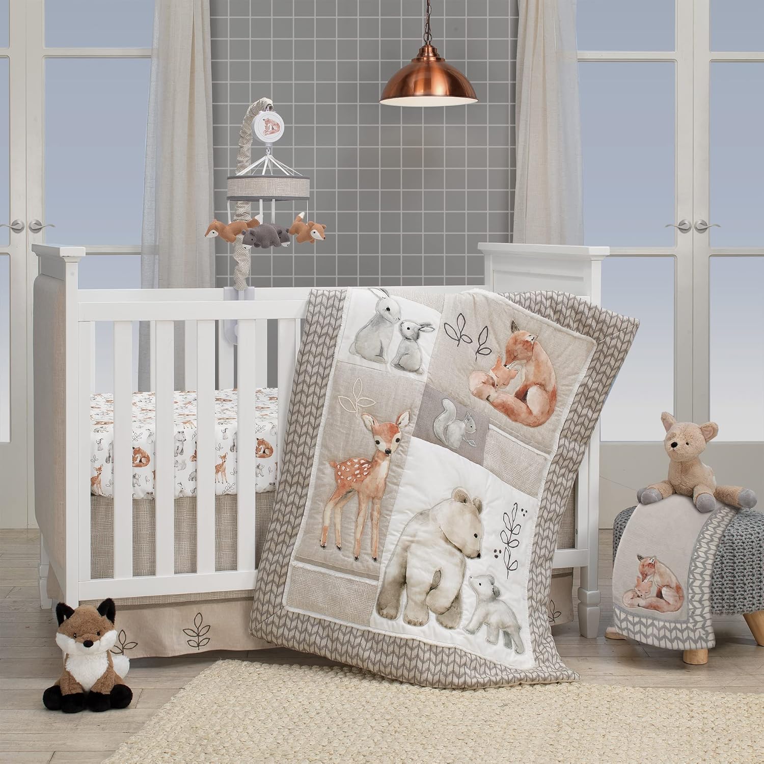 Painted Forest Gray/Beige Fox and Bear Baby Crib Musical Mobile L470180