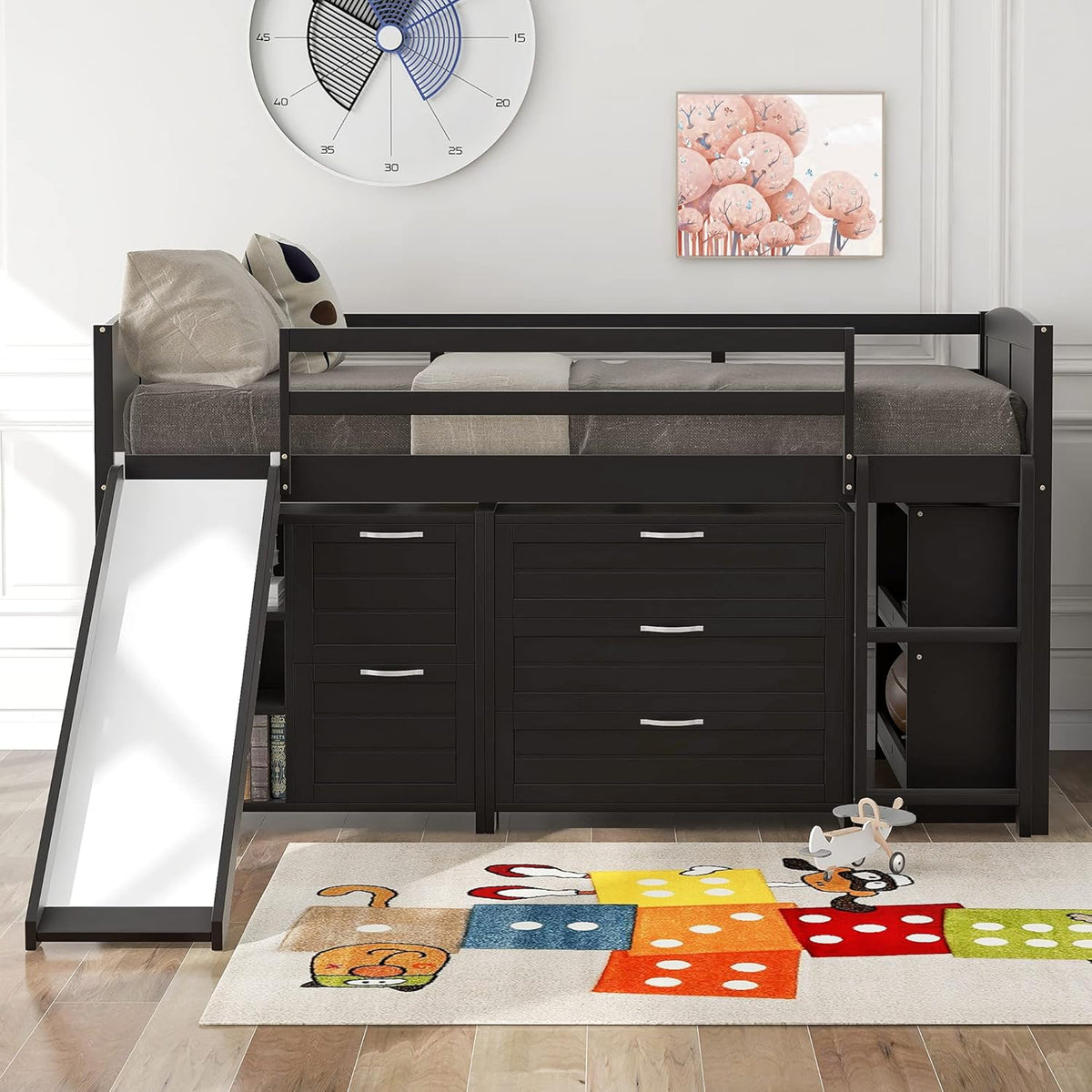 Twin Loft Bed with Desk and Cabinet Wooden Bunk Bed Q922