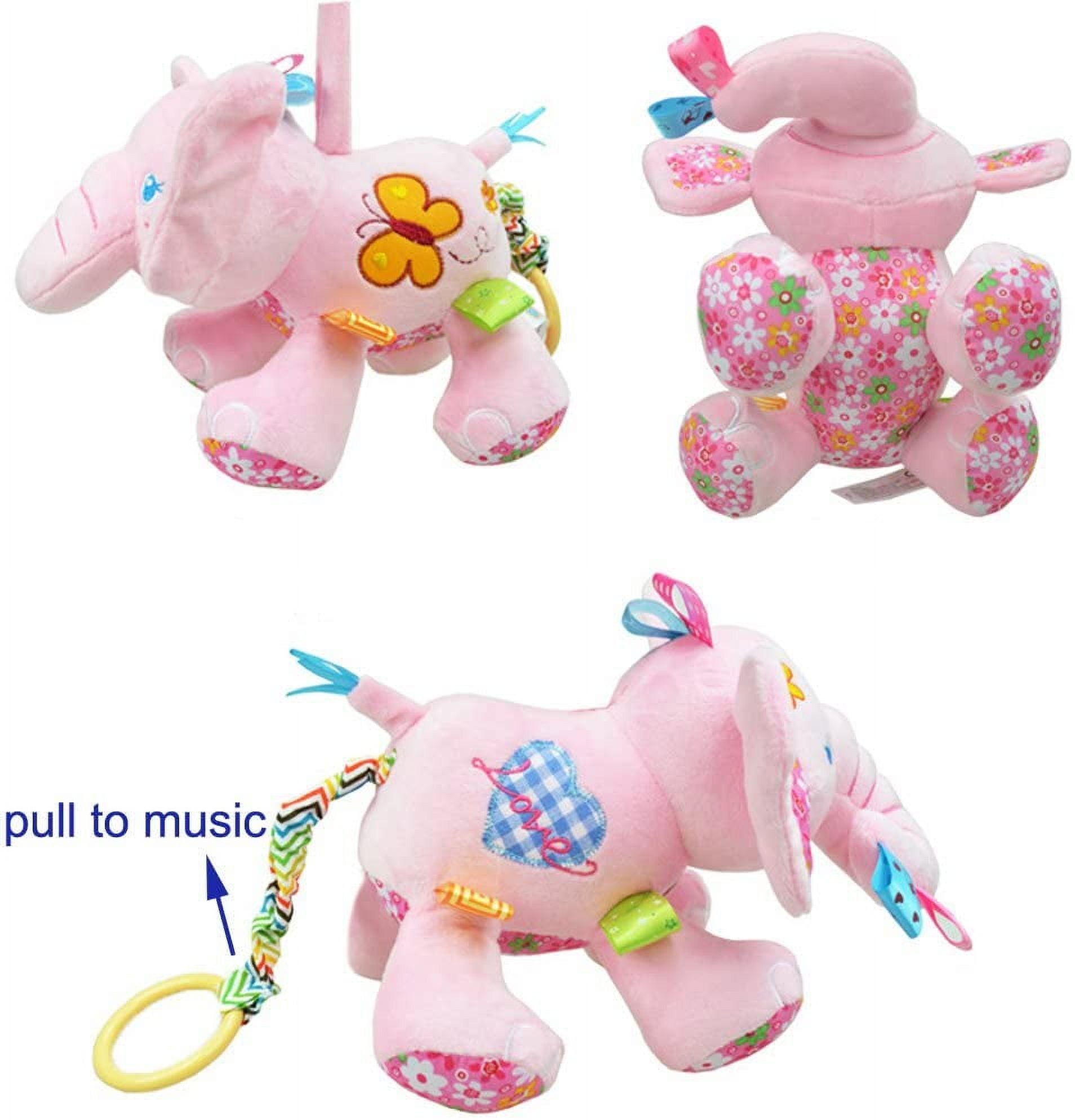 Baby Musical Stroller Toys Elephant Plush Stuffed Infant Toy with Musical Box, Squeaky Feet, BPA Free Teether A90083