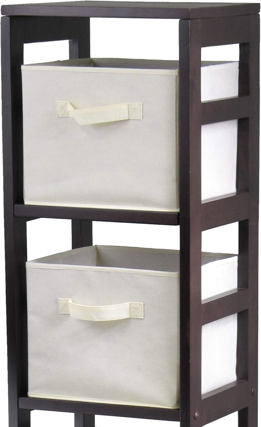 Wood 4 Section Storage Shelf with 4 Beige Fabric Foldable Baskets E61300