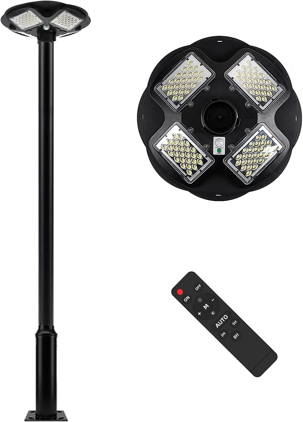 100W LED Solar Pole Light with 98 inch Pole IP65 Waterproof 6500K Auto Dusk to Dawn with Remote W608938