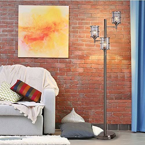 Modern 3 Floor Lamp with Adjustable Ribbed Glass Shade U191