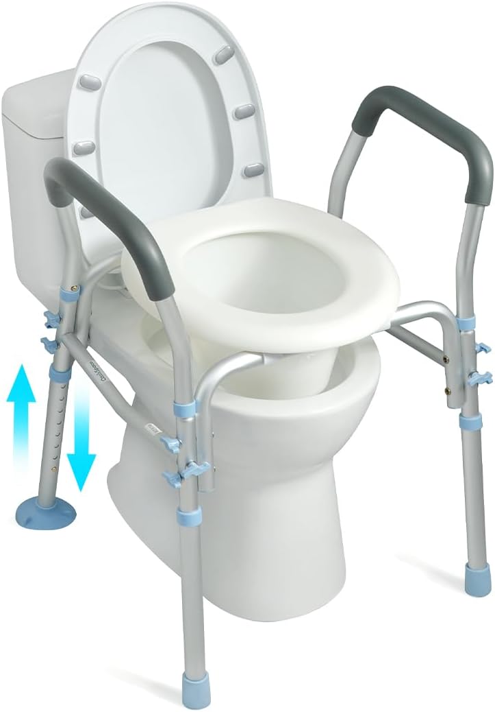 Stand Alone Raised Toilet Seat with Safety Frame, Height Adjustable Legs H384