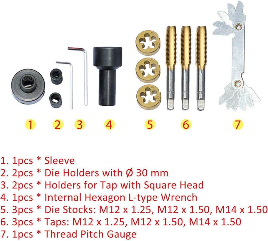 12PCS Tap and Die Set Metric and Standard Threading Tools for M12 x 1.25 M12 x 1.5 M14 x 1.5 P618
