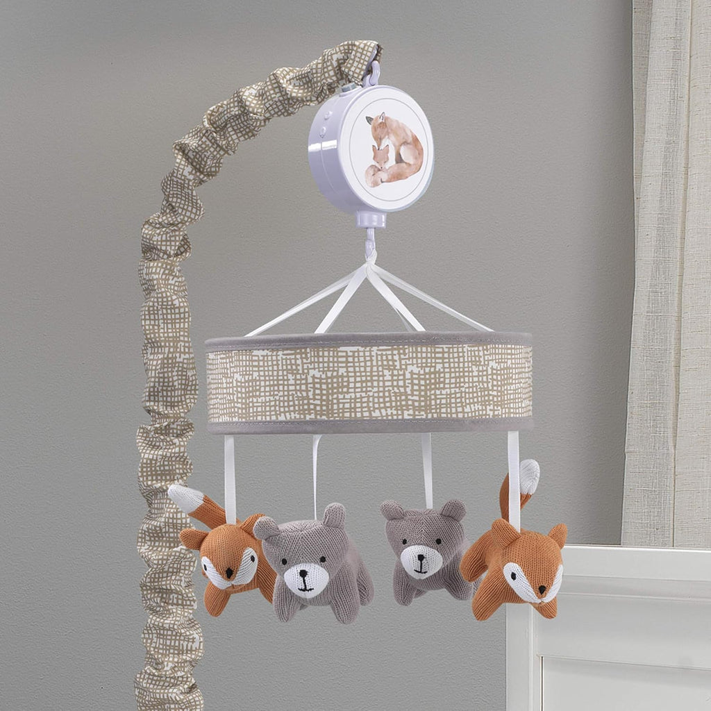 Painted Forest Gray/Beige Fox and Bear Baby Crib Musical Mobile L470180