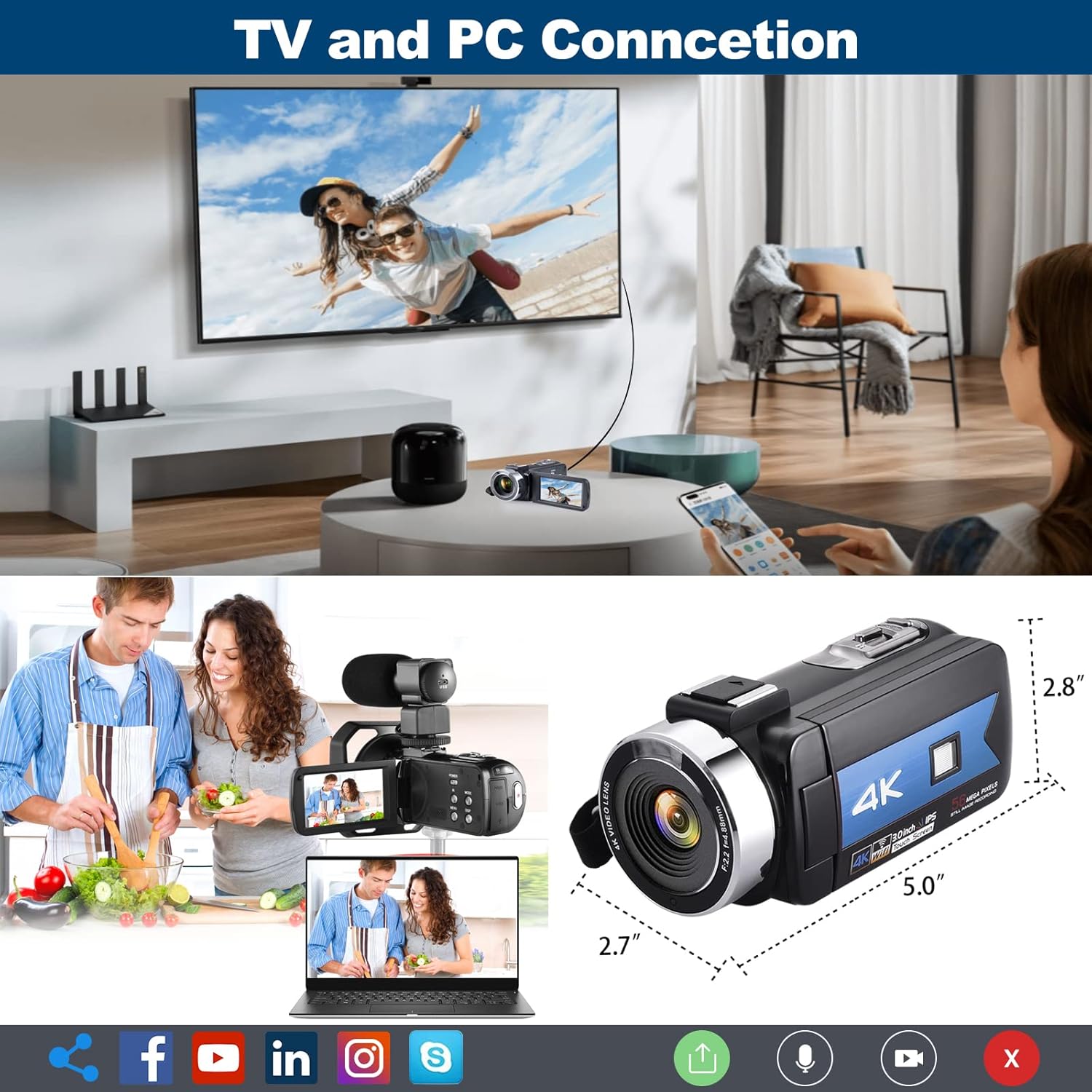 4K Camcorder Video Camera with 16X Zoom Remote Control 1080P 3.0 Inch Touch Screen X887