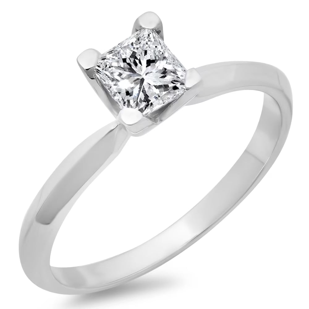 0.75 Carat Princess Cut Diamond Solitaire Engagement Ring, White Gold, Size 8 P535