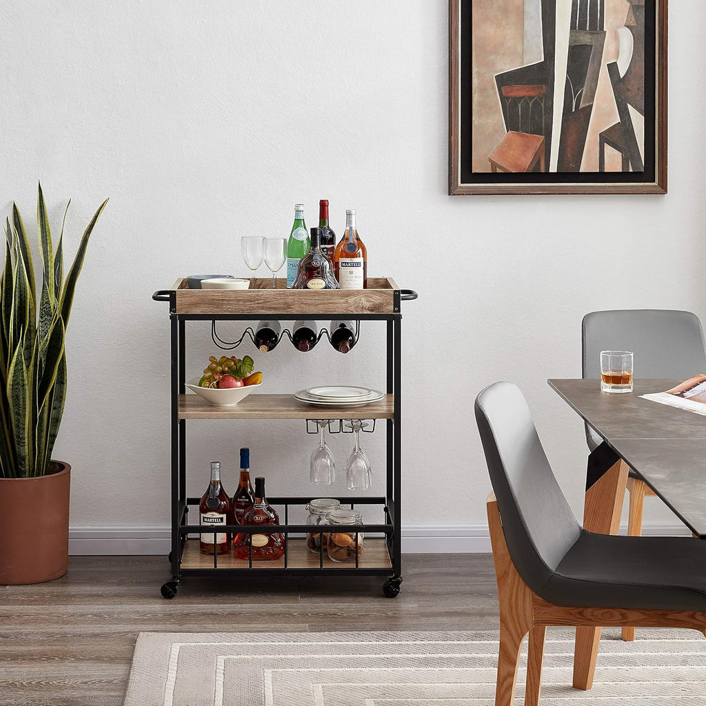 Rustic Mobile Kitchen Serving Cart Wood Metal Serving Trolley M284
