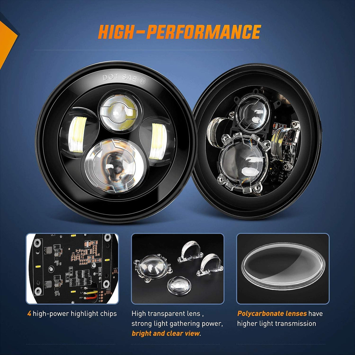 2PCS 7 Inch Round LED Headlight High Low Beam B627402