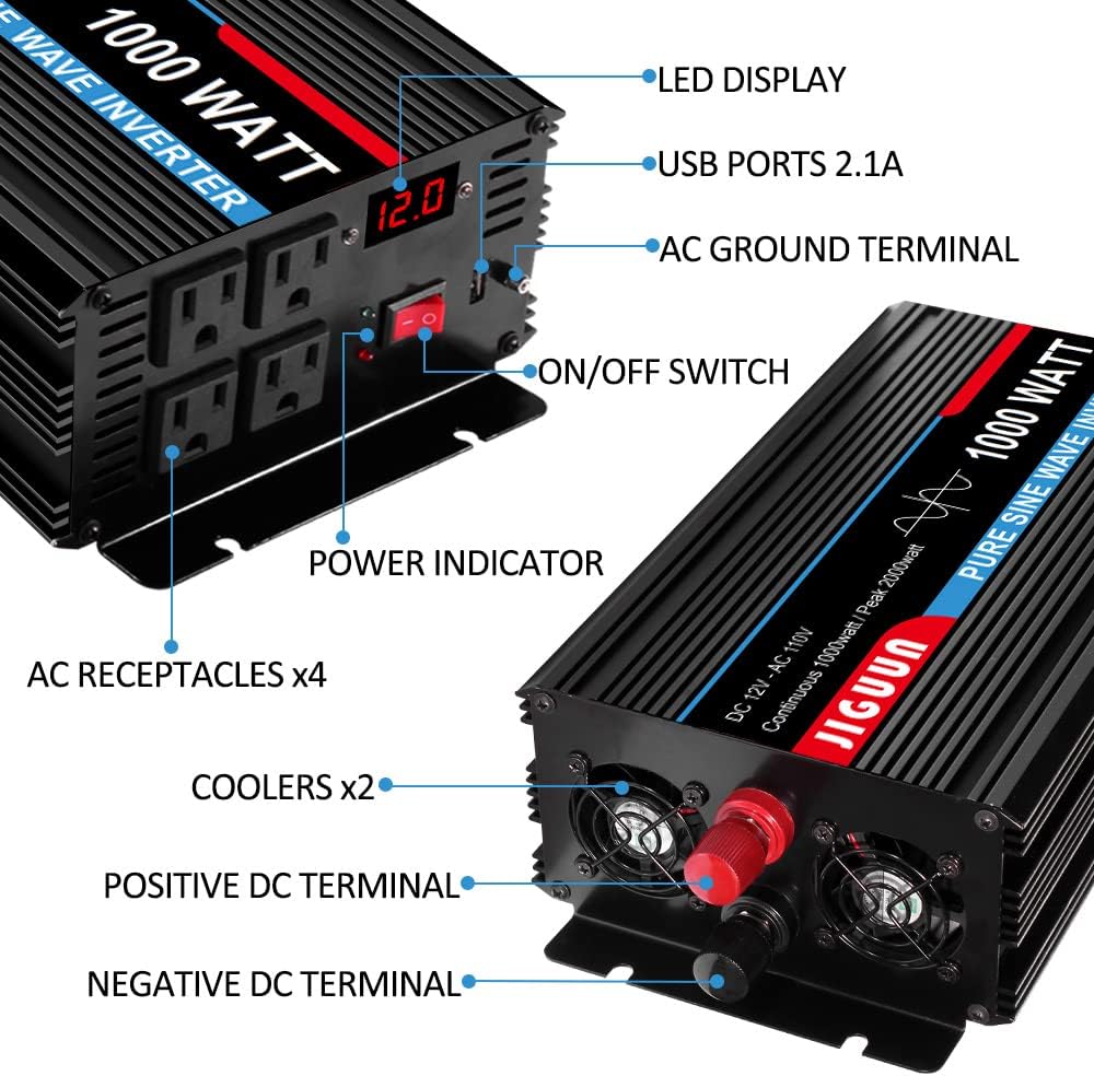 Power Inverter Pure Sine Wave 1000 Watt DC 12V to AC 110V with LCD, 4 AC Outlets, USB Output, 170ft Wireless Control O61163