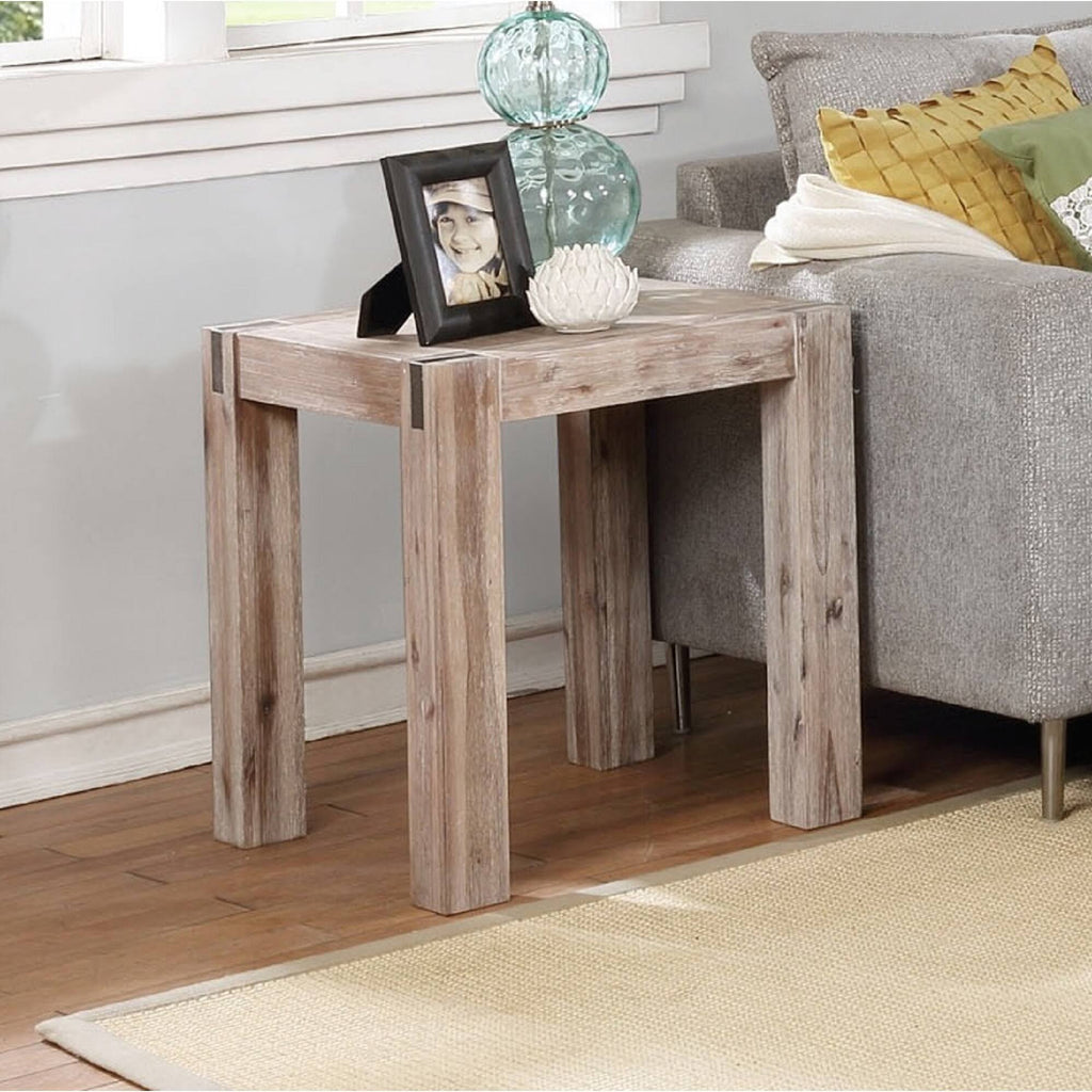 Brushed Driftwood Acacia Wood End Table with Metal Inset H8991