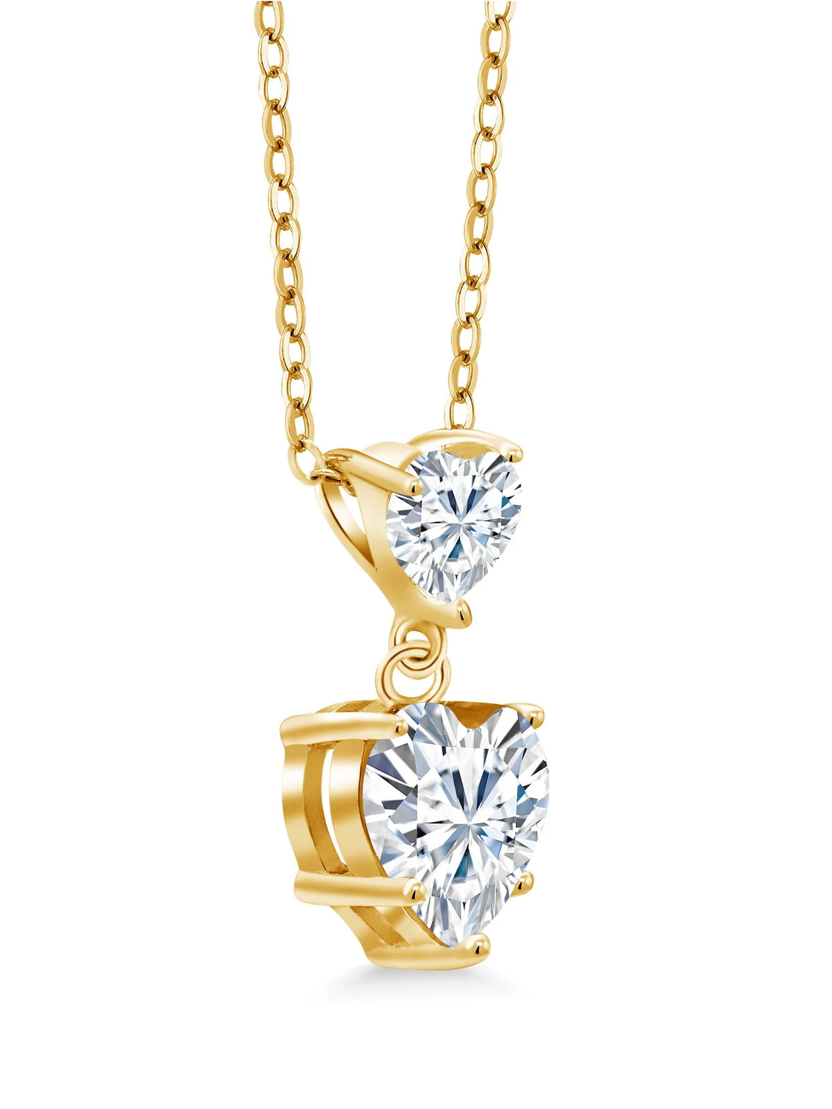18K Yellow Gold Plated Silver White Moissanite Double Heart Pendant Necklace with 18 inch Silver Chain D415