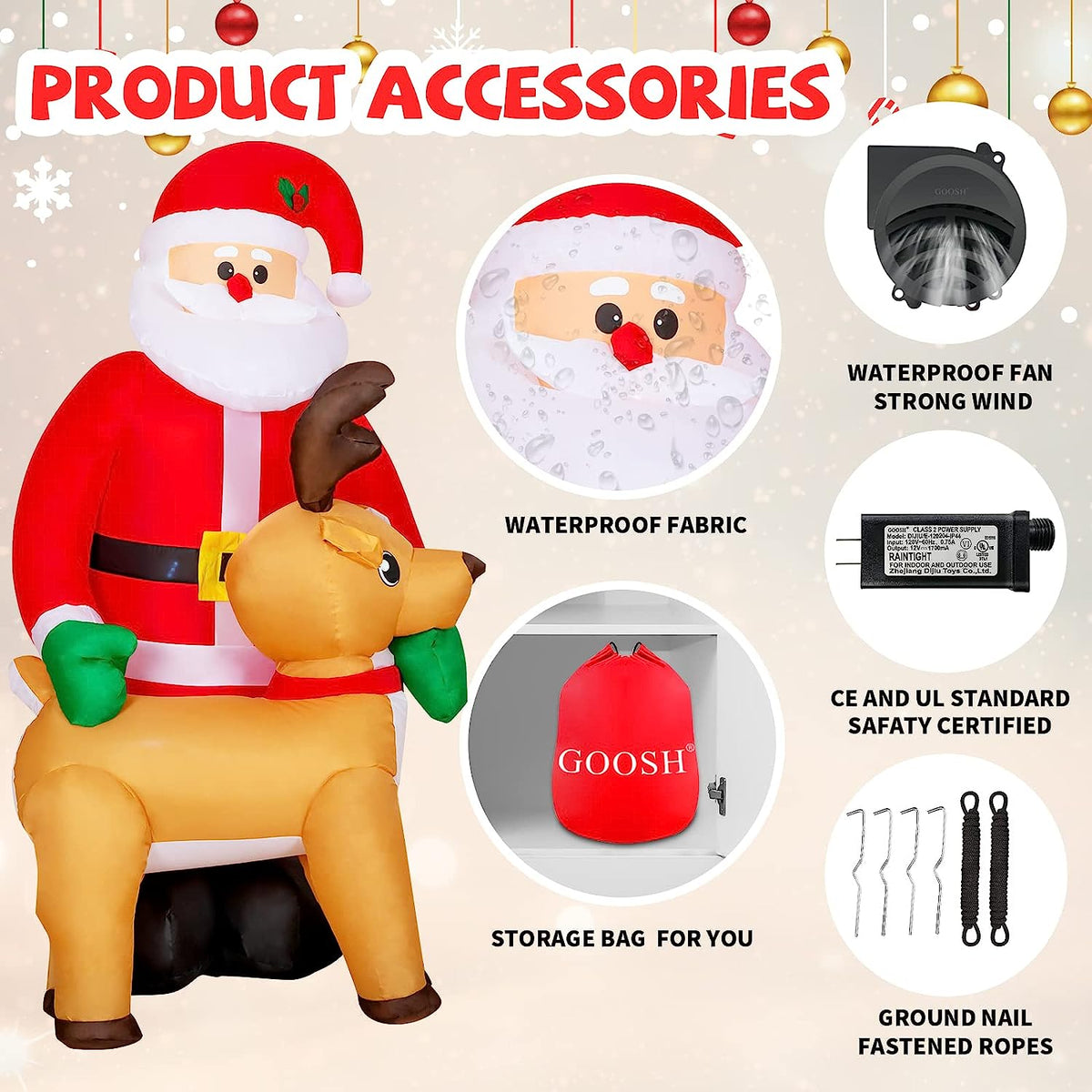 8FT Inflatable Christmas Santa Claus with Reindeer Decorations, Built-in LED Lights I3910