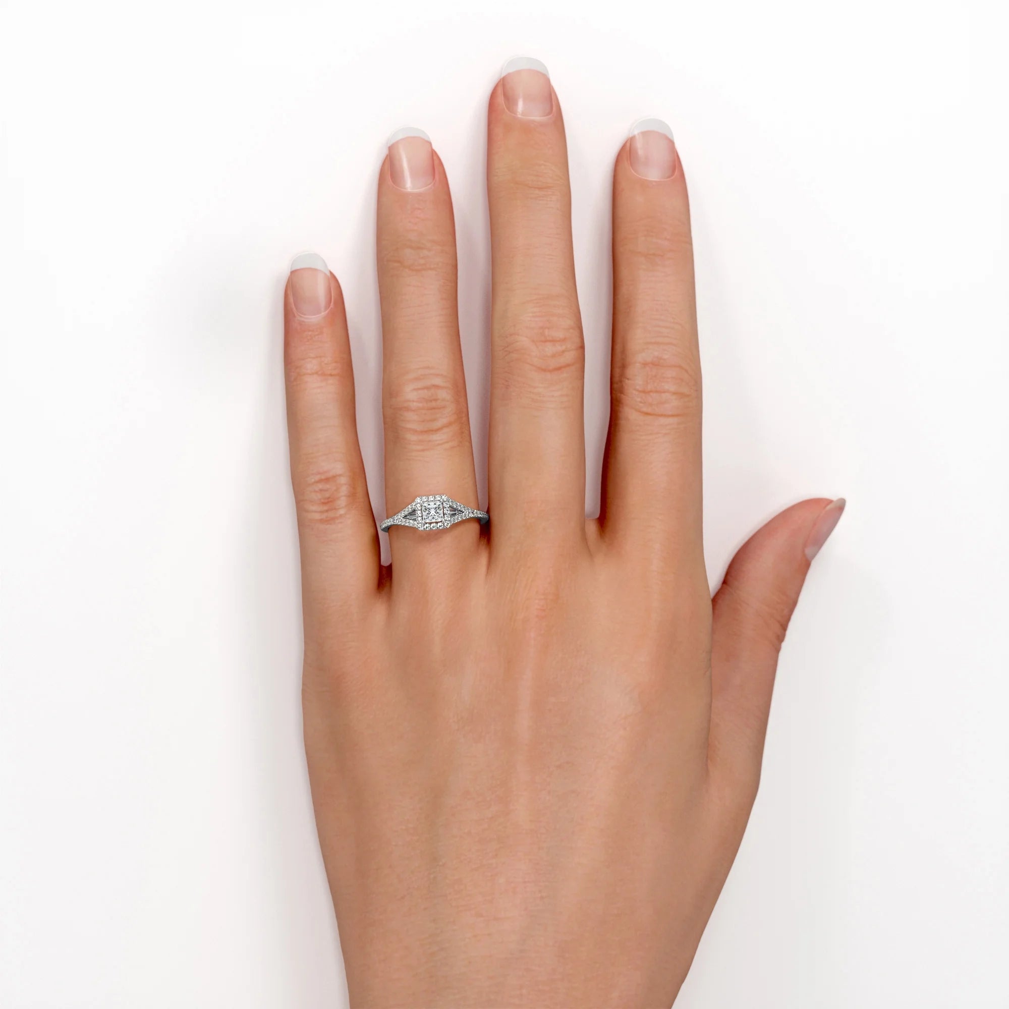 18K White Gold over Silver Princess Cut Diamond Halo Engagement Ring X9354