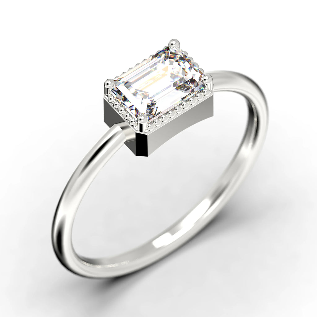 Emerald Cut Diamond Moissanite Engagement Ring In 10K Solid White Gold C2958