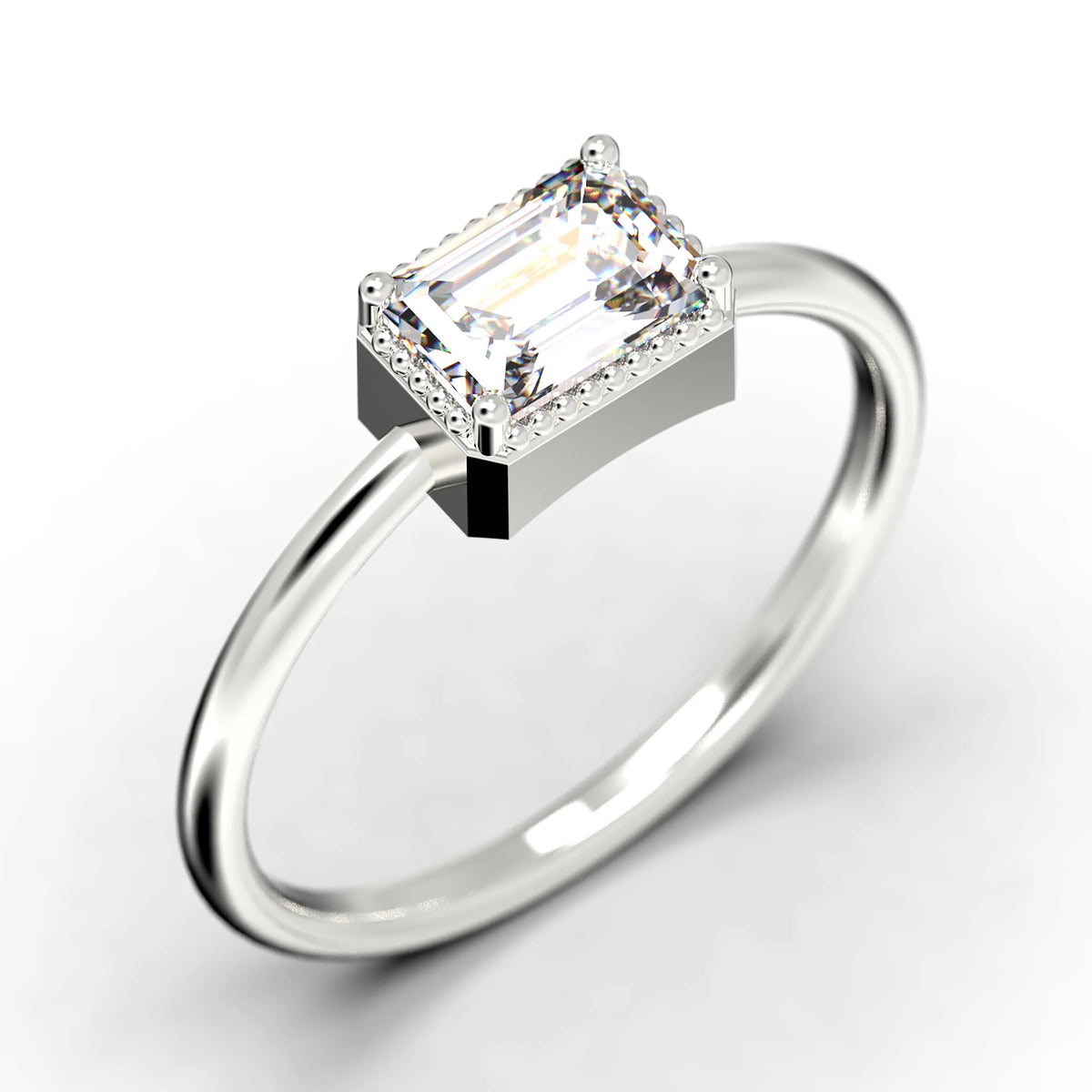 Emerald Cut Diamond Moissanite Engagement Ring In 10K Solid White Gold C2958