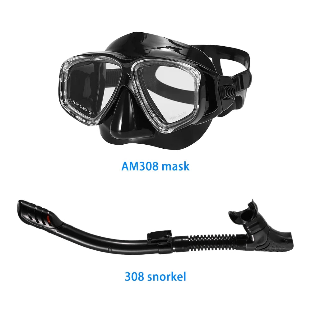 Freediving Snorkel Set with Tempered Glass Lens Goggles T33539