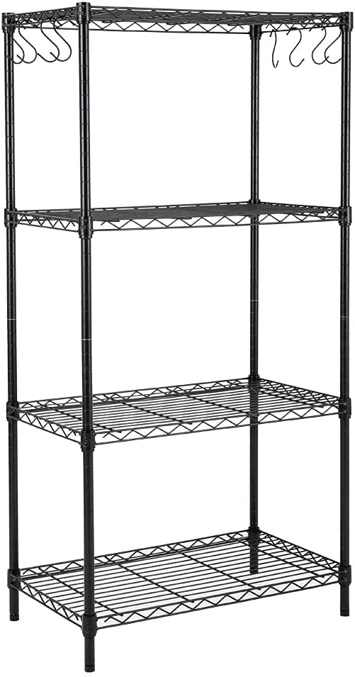 4-Shelf Steel Wire Shelving Unit with 8 Hooks, Black, Pack of 2 X7132