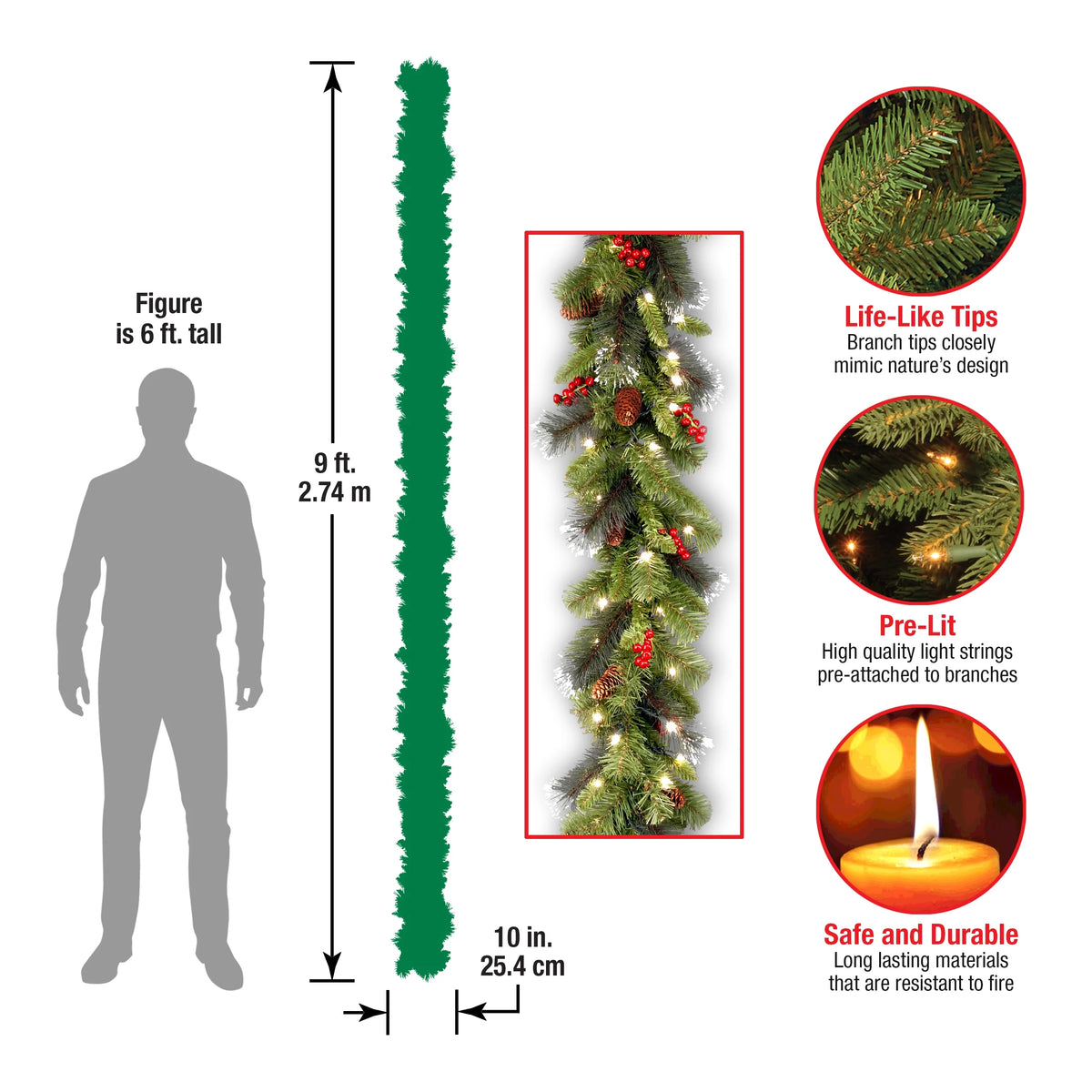 Pre-Lit Artificial Christmas Garland, Green, White Lights, 9 Feet U9013
