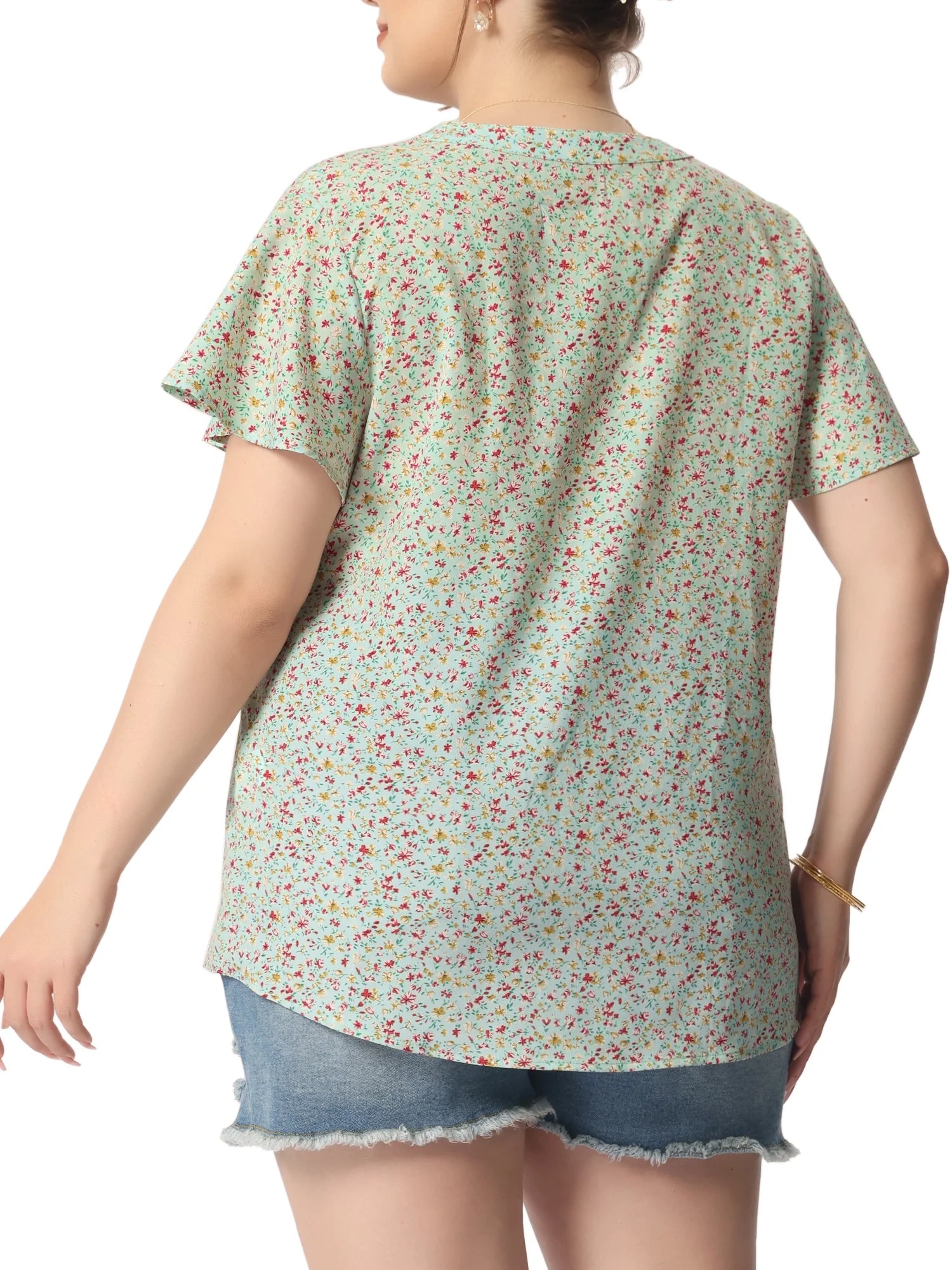 Plus Size Button Down Flare Short Sleeve Chiffon Blouse K74095