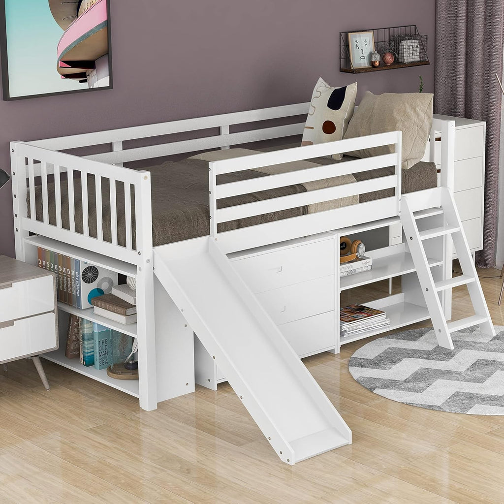 Twin Loft Bed with Desk and Cabinet Wooden Bunk Bed Q922