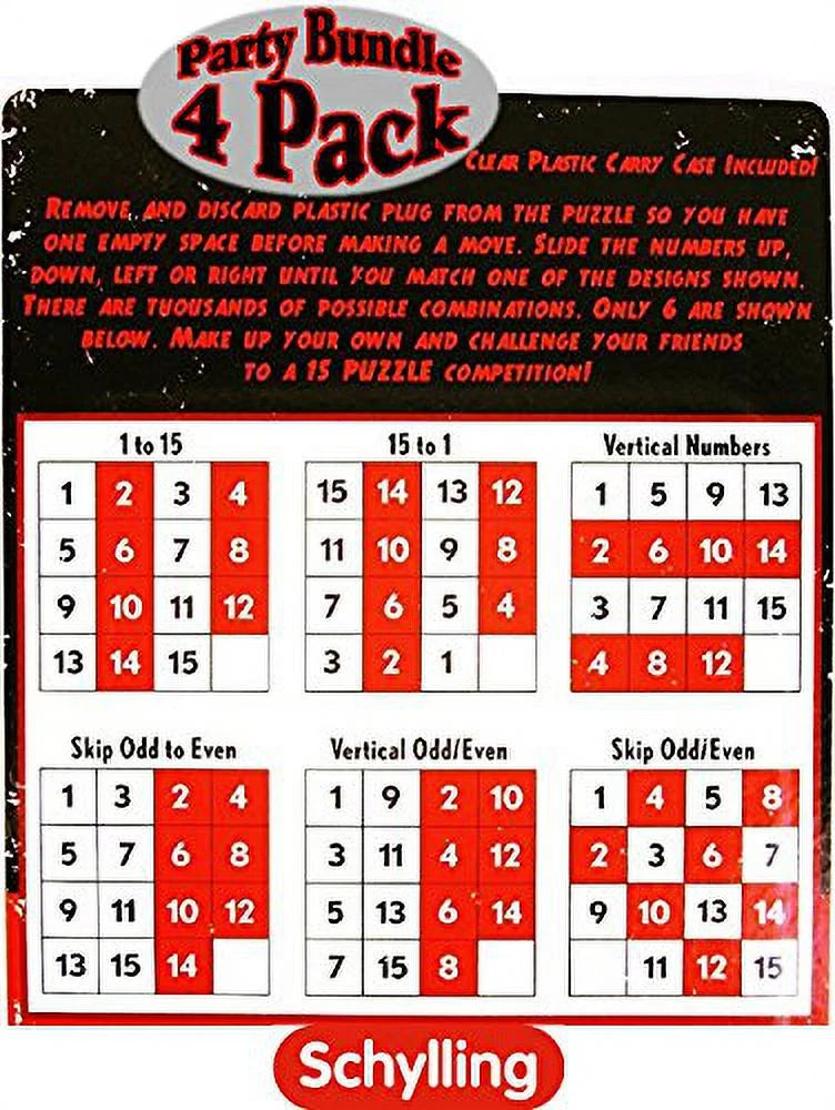 15 Puzzle Number Slide Brain Teaser with Clear Carry Case - 4 Pack K321