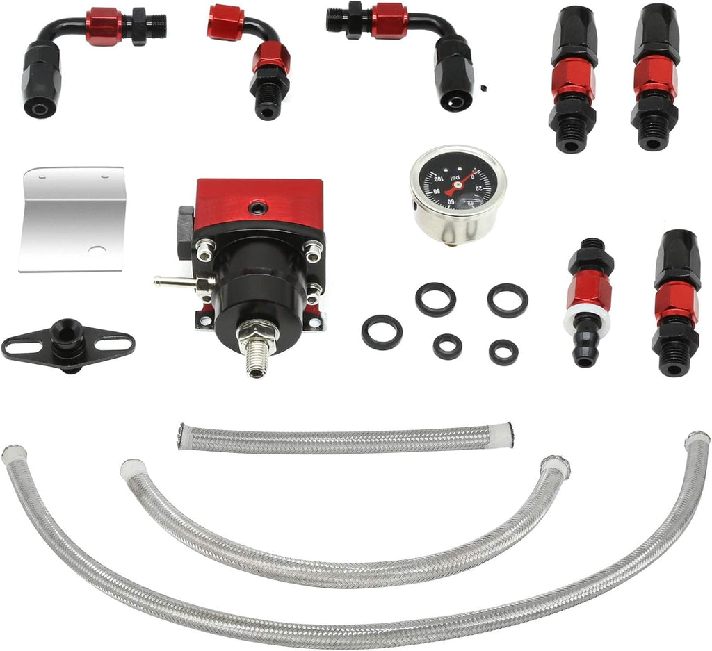 Adjustable Aluminum EFI Fuel Pressure Regulator Kit with 0-100 psi Gauge 7pcs 6AN Fuel Line Hose Fitting Connectors Black & Red Pack of 2 C301020