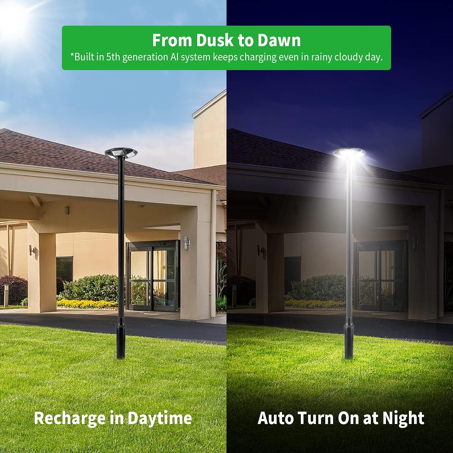 100W LED Solar Pole Light with 98 inch Pole IP65 Waterproof 6500K Auto Dusk to Dawn with Remote W608938
