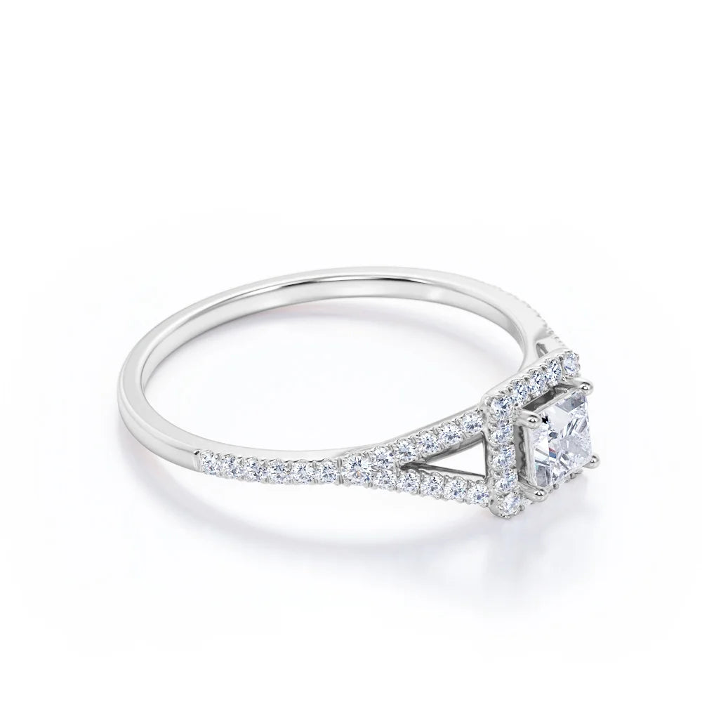 18K White Gold over Silver Princess Cut Diamond Halo Engagement Ring X9354