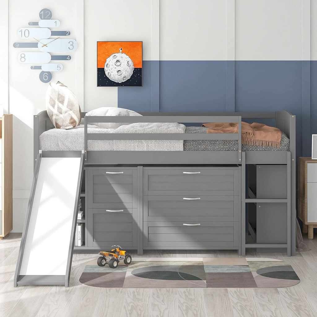 Twin Loft Bed with Desk and Cabinet Wooden Bunk Bed Q922