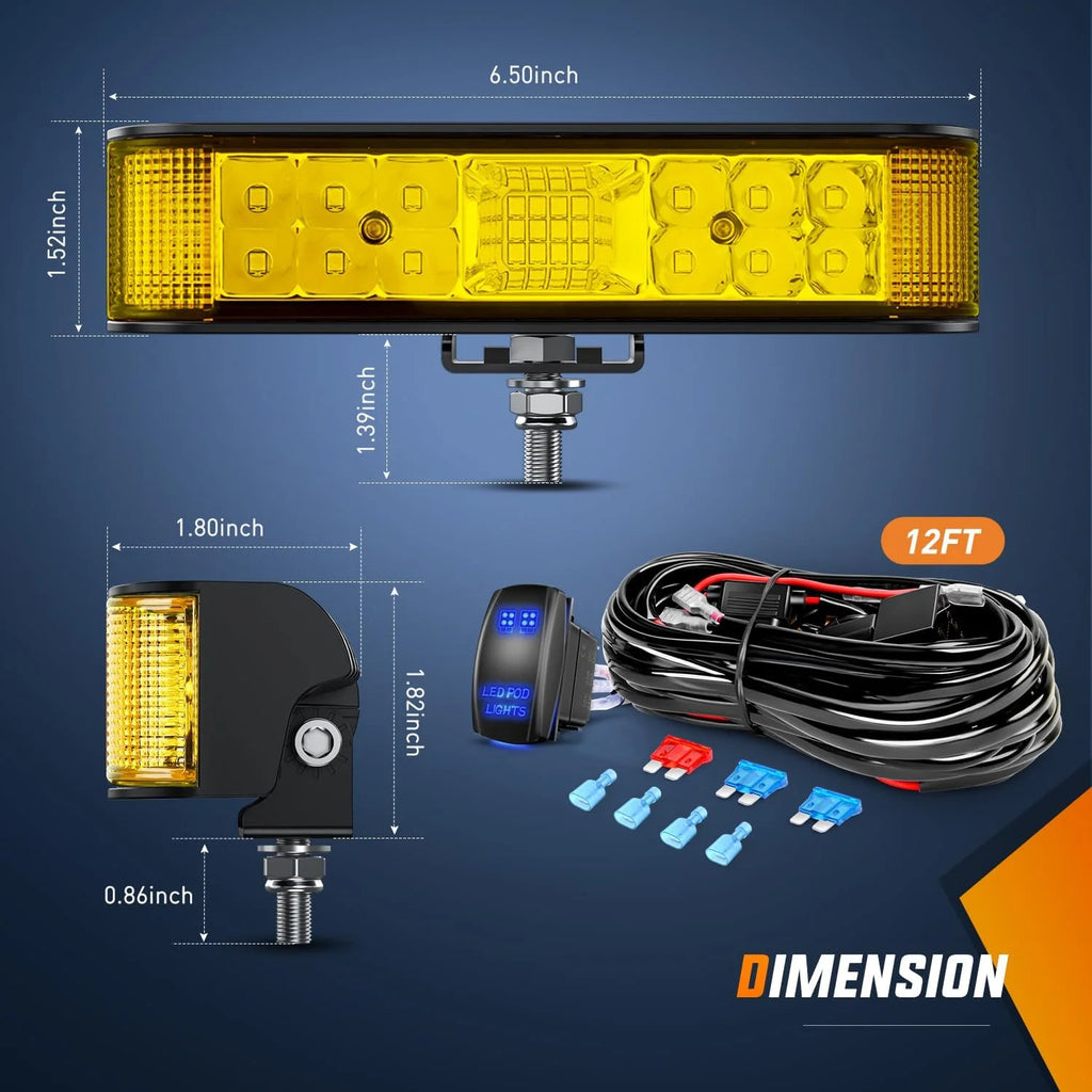 Amber LED Light Bar Pods 2PCS 6.5 Inch 60W Flood Spot Beam Combo Fog Driving Light Wiring Harness Kit S10472