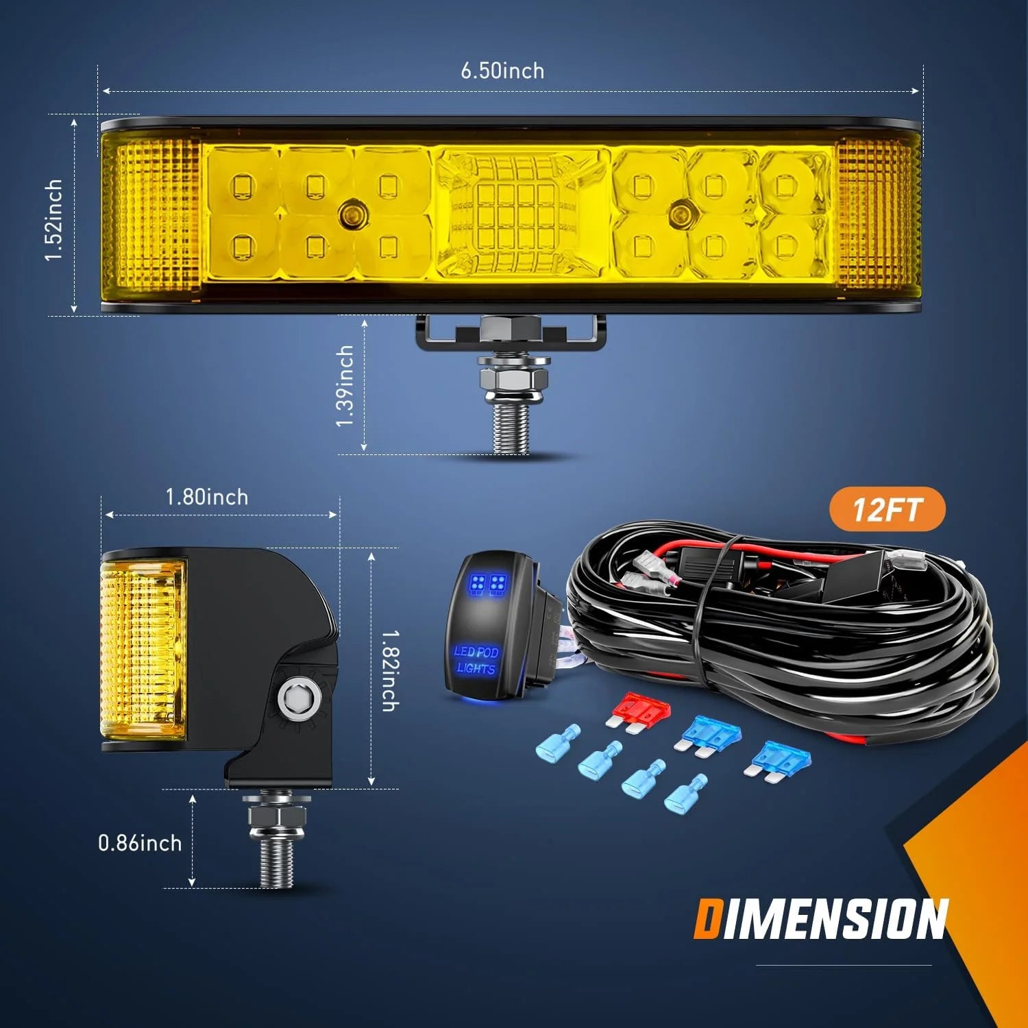 Amber LED Light Bar Pods 2PCS 6.5 Inch 60W Flood Spot Beam Combo Fog Driving Light Wiring Harness Kit S10472