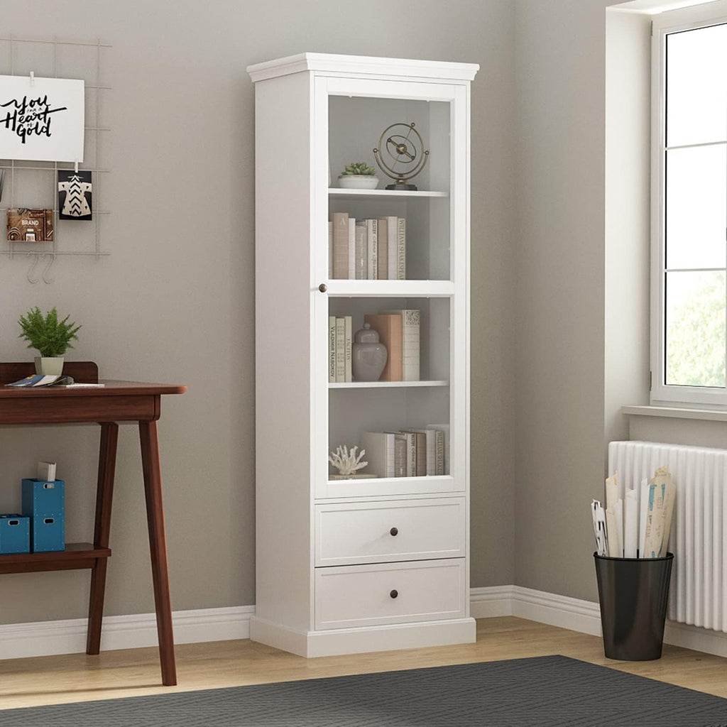 3-Tier Tall Bookcase with Glass Door & 2 Drawers, Espresso V519