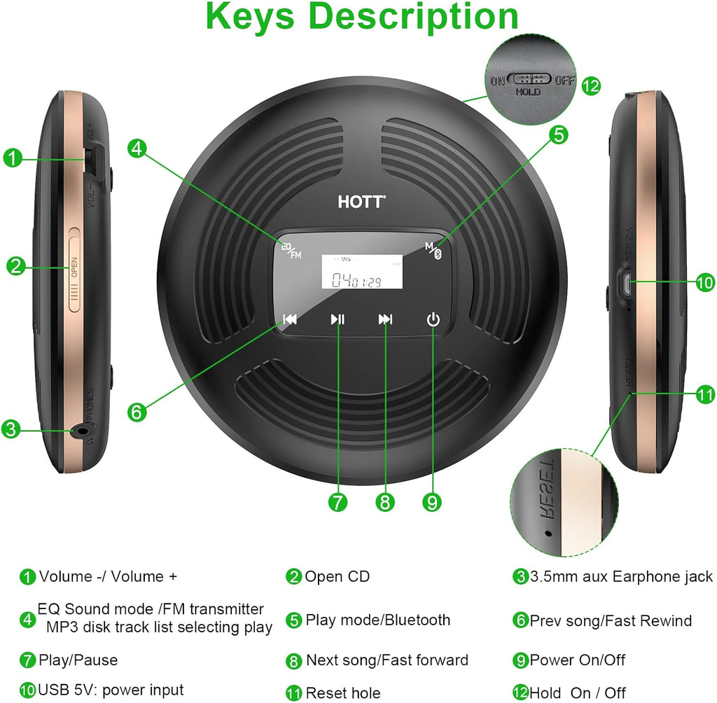 Portable CD Player with Bluetooth FM Transmitter AUX Output Rechargeable 1800mah Touch Button Anti-Skip Shockproof Protection T77391
