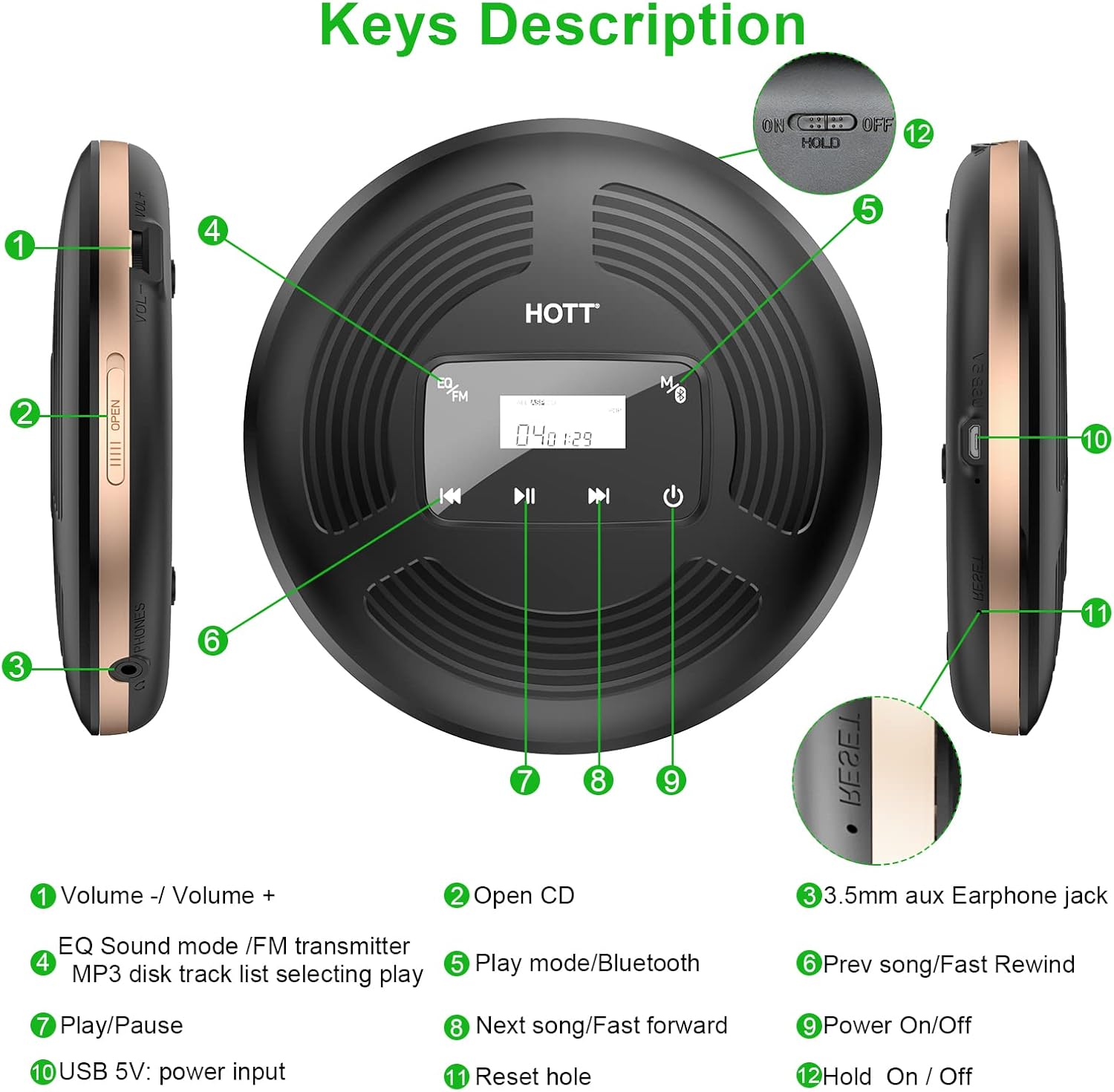 Portable CD Player with Bluetooth FM Transmitter AUX Output Rechargeable 1800mah Touch Button Anti-Skip Shockproof Protection T77391