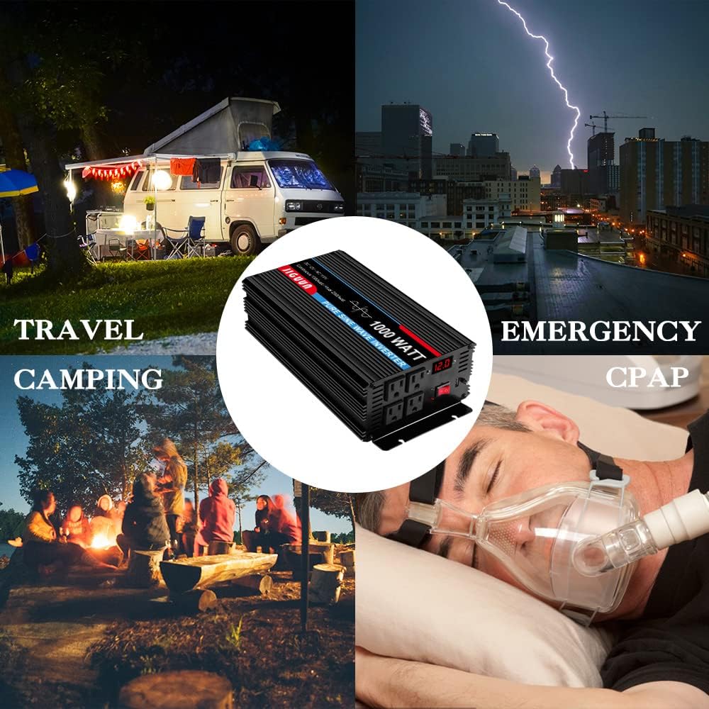 Power Inverter Pure Sine Wave 1000 Watt DC 12V to AC 110V with LCD, 4 AC Outlets, USB Output, 170ft Wireless Control O61163