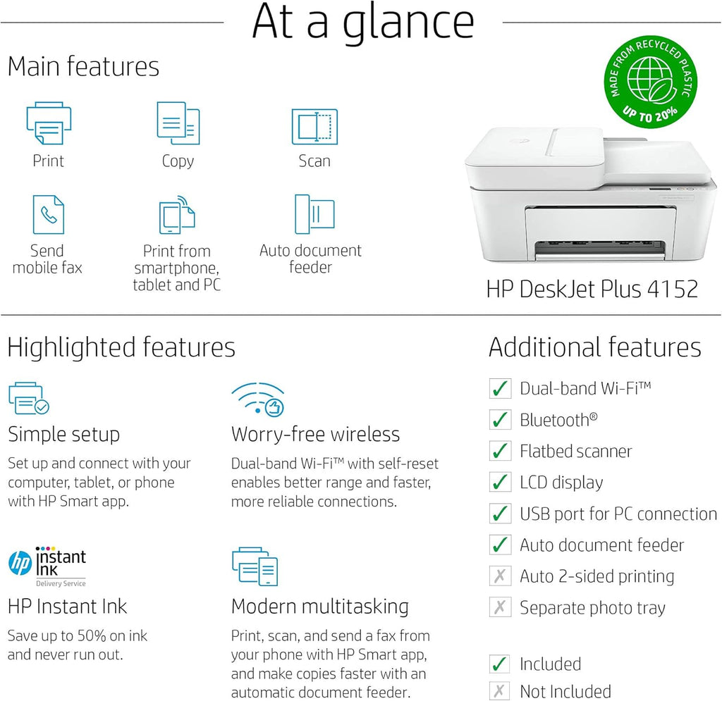 Renewed HP DeskJet Plus 4152 Wireless All-in-One Color Inkjet Printer T5926
