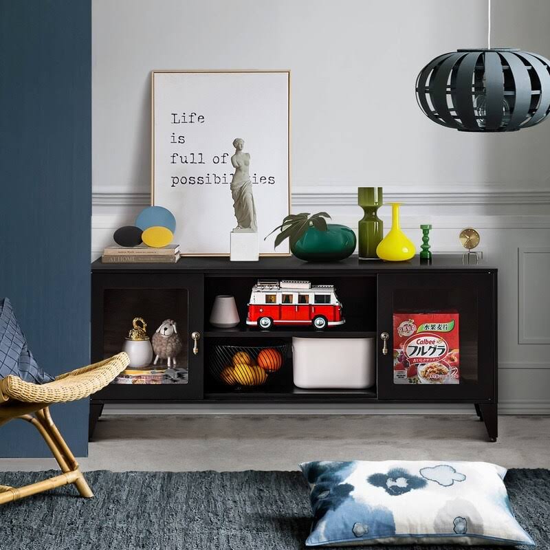 Black TV Stand with 3 Open Shelf and 2 Doors Q2200