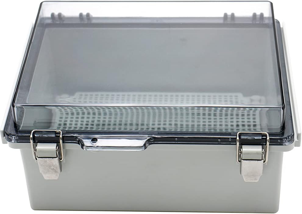 IP67 Waterproof Junction Box Plastic Enclosure Clear Cover Plate with Stainless Steel Buckles 13×13×5.1 inch D41749