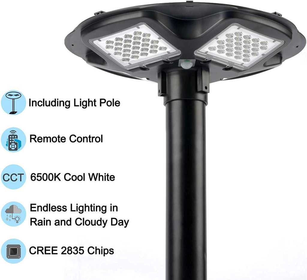 100W LED Solar Pole Light with 98 inch Pole IP65 Waterproof 6500K Auto Dusk to Dawn with Remote W608938