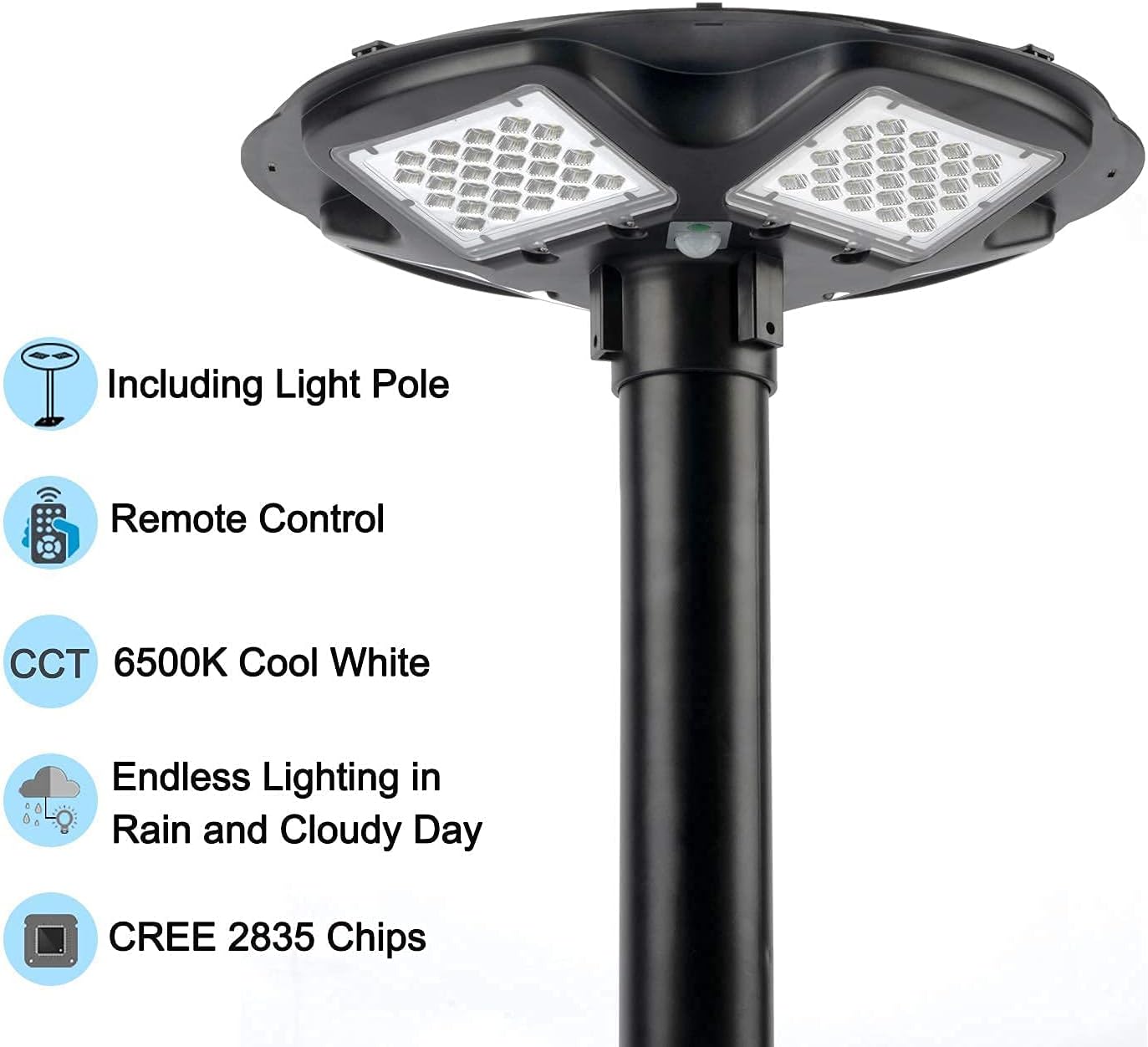 100W LED Solar Pole Light with 98 inch Pole IP65 Waterproof 6500K Auto Dusk to Dawn with Remote W608938