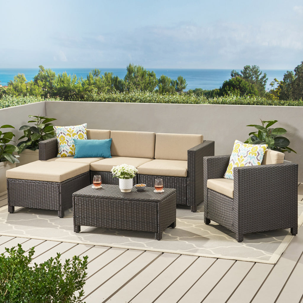 Brown and Beige Wicker L-Shaped Sectional Sofa Set A618